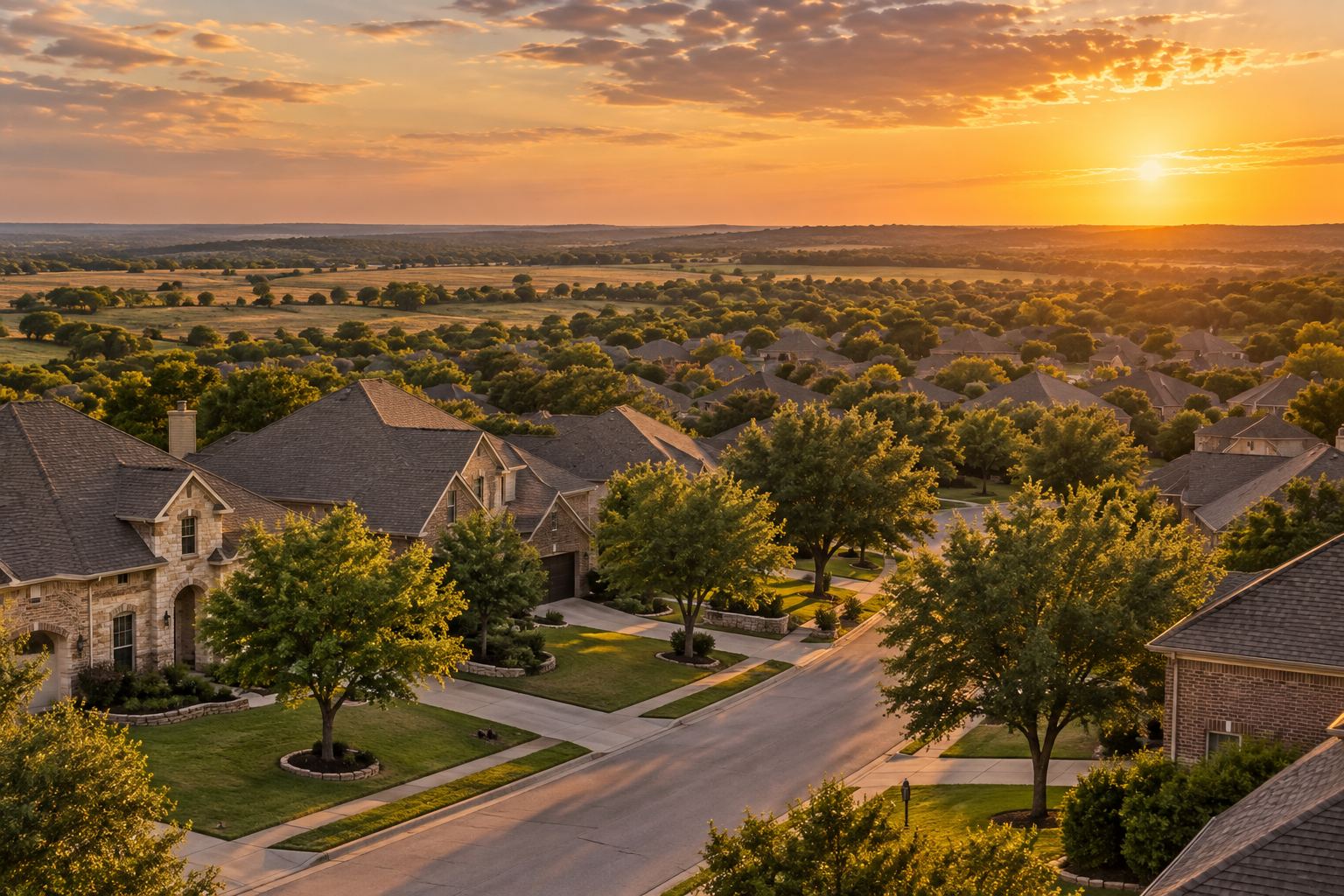 A North Texas neighborhood at sunset, illustrative