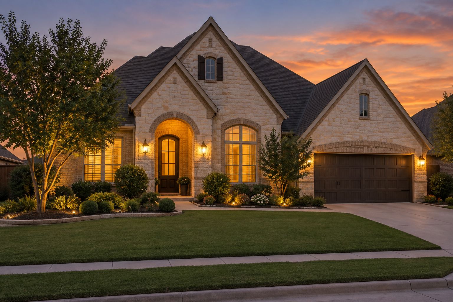 A Fort Worth Texas home exterior at dusk, illustrative