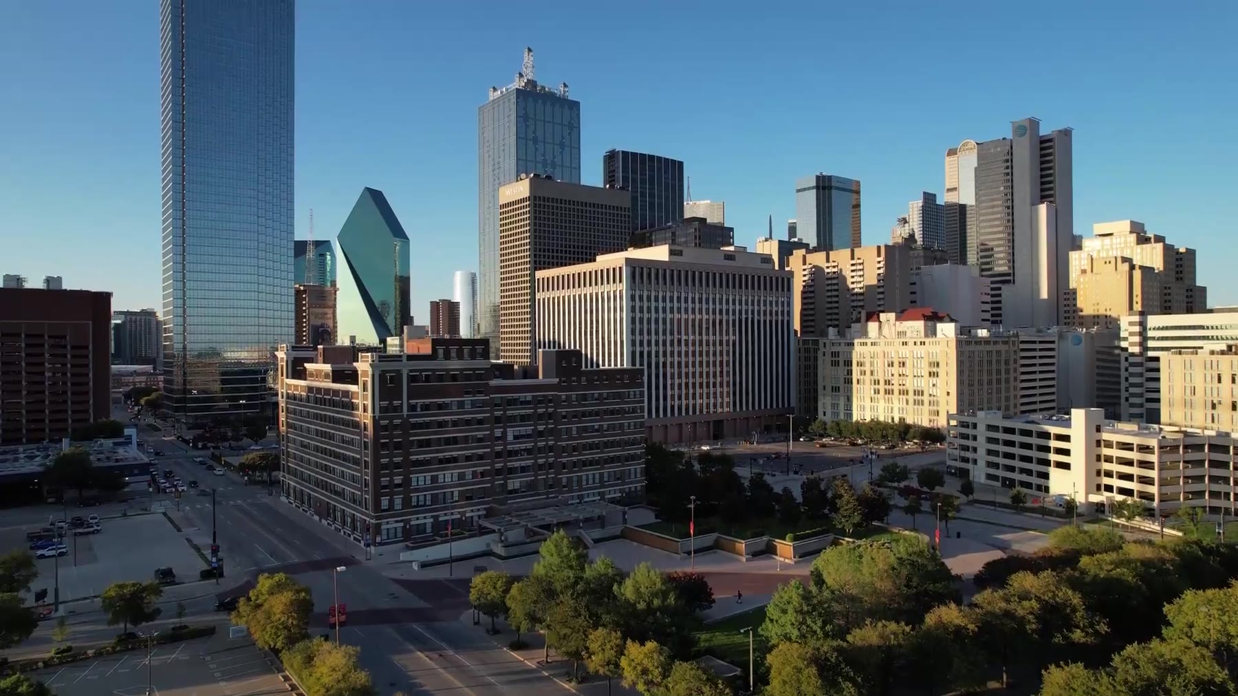 Aerial view of the Dallas skyline on a clear afternoon
